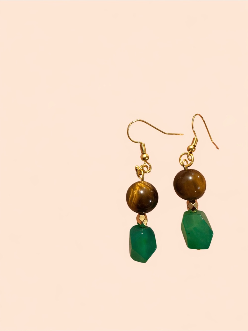 Handmade Gold-Tone Tiger's Eye and Green Gemstone Drop Earrings